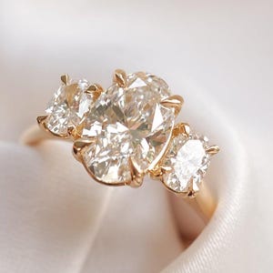 Three Stone Oval Cut Lab Created Diamond Engagement Ring, 14K White Gold Anniversary Dainty Ring, Wedding Ring, Promise Ring Gift For Her