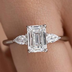 Three Stone Diamond Engagement Ring, 2.0 CT Emerald Cut Lab Grown Diamond Ring, Side Pear Cut Diamond, Wedding Ring, Anniversary Ring