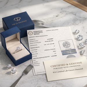 May include: A diamond ring in a blue box with the text "DWIJA DIAMOND". The ring is next to a gemological report and loose diamonds. The report states the diamond is round brilliant, 6.54-6.57 x 3.97 mm, and internally flawless.
