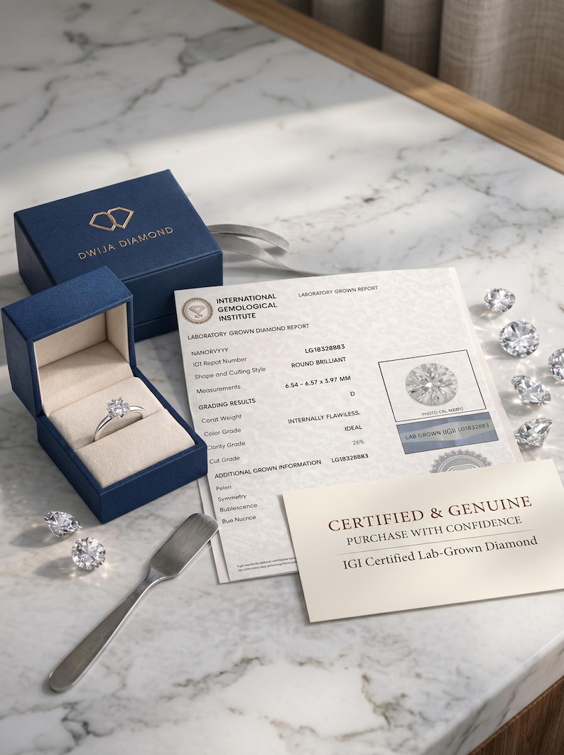 May include: A diamond ring in a blue box with the text "DWIJA DIAMOND". The ring is next to a gemological report and loose diamonds. The report states the diamond is round brilliant, 6.54-6.57 x 3.97 mm, and internally flawless.