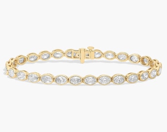 Oval Lab Grown Diamond Tennis Bracelet: 14K Yellow Gold Bezel Bridal Bracelet