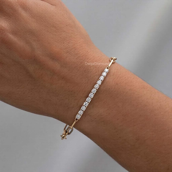 Round Diamond Half Tennis Half Paperclip Bracelet, Conflict Free Diamond Stackable Bracelet, 18K Yellow Gold Link Chain Bracelet For Her