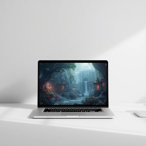 Puede incluir: Un portátil plateado muestra un paisaje de fantasía con un río, edificios y árboles. Una taza blanca, una taza pequeña blanca y un ratón están sobre la superficie blanca. El fondo es una pared blanca.