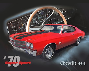 1970 Chevelle Print SS 454 Muscle Car, Garage Art, Man Cave Art