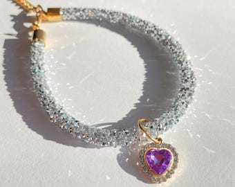Rhinestone Collar for Cats & Small Dogs with Purple Pendant – Luxurious Sparkling Adjustable Jewelry, Elegant Pet Accessory