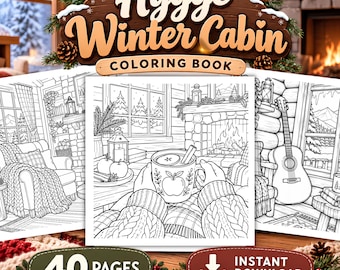 Puede incluir: Un libro para colorear Hygge Winter Cabin de 40 páginas con opción de descarga instantánea. La portada presenta una ilustración en blanco y negro de una habitación con chimenea, una taza y una guitarra, bajo un letrero de madera.