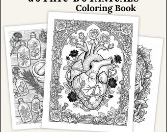 Dibujos para colorear para adultos con motivos botánicos góticos, arte floral oscuro, calaveras y plantas de aspecto misterioso.