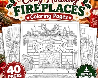 Puede incluir: Una colección de páginas para colorear titulada Cozy Holiday Fireplaces con dibujos de líneas en blanco y negro de chimeneas de ladrillo con calcetines, velas, coronas y leños. El conjunto incluye 40 páginas para descarga instantánea.