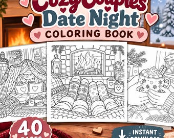 Libro para colorear "Noche de cita romántica en pareja", actividad romántica de invierno, páginas compartidas para la pareja.