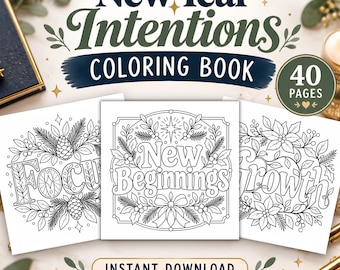 Puede incluir: Un libro para colorear New Year Intentions de 40 páginas, con tres hojas cuadradas blancas con diseños de líneas negras. Las páginas muestran las palabras Focus, New Beginnings y Growth rodeadas de ilustraciones botánicas de piñas y hojas.