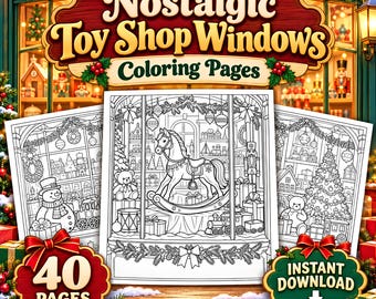 Puede incluir: Una colección de páginas para colorear titulada Nostalgic Toy Shop Windows con dibujos de líneas en blanco y negro de caballos mecedores, osos de peluche, muñecos de nieve y árboles de Navidad en escaparates con 40 páginas para descargar.