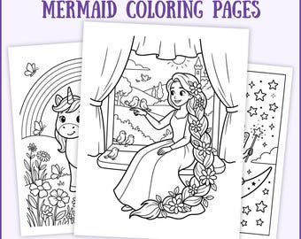Puede incluir: Una colección de páginas para colorear en blanco y negro titulada PRINCESS, UNICORN, FAIRY, & MERMAID COLORING PAGES. Las hojas muestran dibujos lineales de una princesa de pelo largo con pájaros, un unicornio con arcoíris y estrellas. 50 páginas PDF.