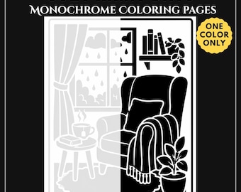 Puede incluir: Páginas para colorear monocromáticas Cozy Rainy Days con un gráfico bicolor de un sillón, una mesa con una taza humeante, una ventana con lluvia, una estantería y una planta. Una insignia amarilla indica ONE COLOR ONLY.