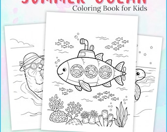 Puede incluir: Un libro de colorear digital titulado SUMMER OCEAN Coloring Book for Kids, que contiene 40 páginas en formato PDF. La portada muestra dibujos de líneas en blanco y negro de un submarino con tres pasajeros, una nutria y una tortuga marina.