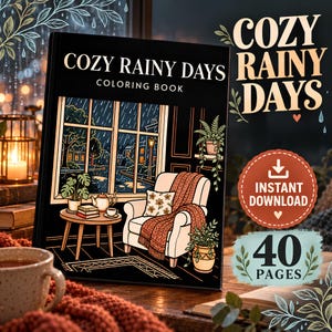 May include: A colouring book titled COZY RAINY DAYS featuring an illustration of a room with a window showing rain, a chair with a blanket, a small table with a teapot and books, and potted plants. Includes an instant download badge and 40 pages text.