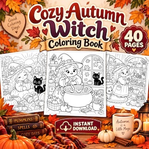 May include: A coloring book titled Cozy Autumn Witch with 40 pages, featuring black and white illustrations of a witch with a cat, pumpkins, and a cauldron. Includes a mug with the text Autumn is a Little Magic and a download icon.