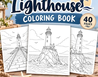 Puede incluir: Un libro para colorear Lighthouse Coloring Book de 40 páginas, con tres ilustraciones en blanco y negro de faros en costas rocosas. La portada muestra el título en azul oscuro con un icono de faro y una insignia circular.