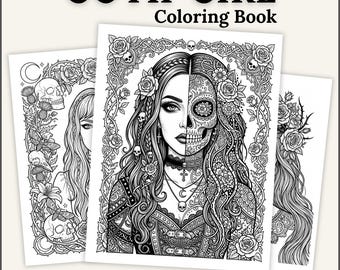 Libro para colorear para adultos con temática gótica: retratos y escenas oscuras, páginas góticas imprimibles.