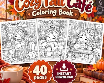 Puede incluir: Un libro de colorear digital titulado Cozy Fall Cafe que contiene 40 páginas de ilustraciones en blanco y negro. La portada muestra tres escenas de un personaje en una cafetería, rodeado de hojas de otoño, calabazas y tazas.