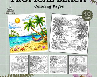 Puede incluir: Una colección digital de 40 páginas para colorear Tropical Beach con ilustraciones de líneas en blanco y negro de palmeras, escenas oceánicas, veleros, tortugas marinas y relajación en la playa, con un ejemplo a todo color.