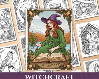 May include: A "Witchcraft Coloring Book" with 40 pages is displayed. The cover features a witch in a green dress and purple hat, seated by water, with an open book. Surrounding pages show line art illustrations of witch-themed items.