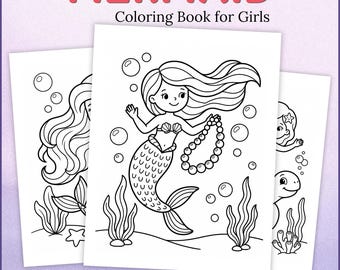 Puede incluir: Un libro de colorear digital titulado MERMAID Coloring Book for Girls, que presenta ilustraciones en blanco y negro de sirenas, burbujas, algas y criaturas marinas. El documento contiene 40 páginas en formato PDF para imprimir y colorear.