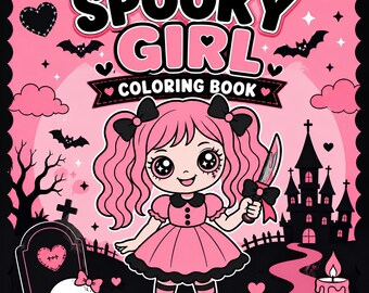 Puede incluir: Una portada de libro para colorear cuadrada con el título SPOOKY GIRL COLORING BOOK en texto negro. El fondo rosa presenta un personaje de dibujos animados con cabello rosa, vestido rosa y un cuchillo, rodeado por un cementerio, una calavera, murciélagos y un castillo.
