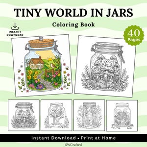 Op de afbeelding: Een digitaal kleurboek getiteld Tiny World in Jars met 40 pagina's. De omslag toont een ingekleurde pot met een huisje en een zwart-wit lijntekening van een pot met paddenstoelen en een muis. Vier extra potillustraties staan hieronder afgebeeld.