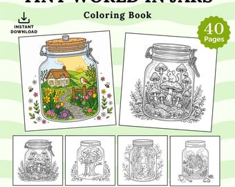 Puede incluir: Un libro de colorear digital titulado Tiny World in Jars con 40 páginas. La portada muestra un frasco coloreado con un paisaje de cabaña y un frasco en blanco y negro con setas y un ratón. Se muestran cuatro ilustraciones adicionales debajo.