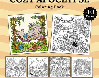 Puede incluir: Un libro para colorear de 40 páginas titulado COZY APOCLYPSE con ilustraciones de arte lineal en blanco y negro de animales antropomórficos en varios entornos, incluyendo ratones en una hamaca, gatos en un mercado y conejos en el jardín.