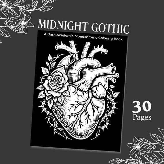 Midnight Gothic Coloring Book | Dark Academia Black Background Coloring Pages, Printable PDF