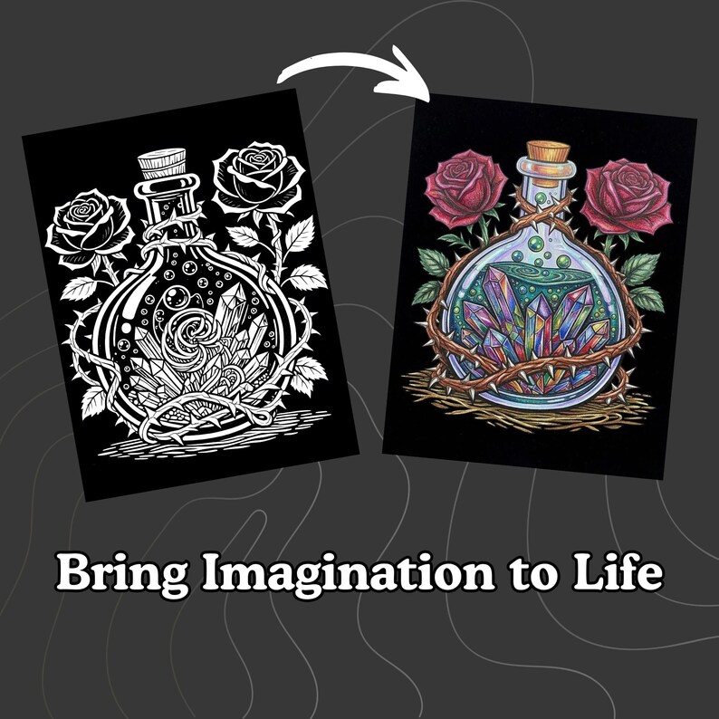 May include: Two rectangular prints featuring a bottle filled with crystals and surrounded by thorny rose vines. One print is a black and white line drawing, the other is a full-colour version. The text "Bring Imagination to Life" is below.