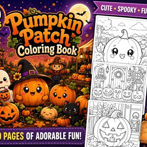 May include: A Pumpkin Patch Coloring Book featuring 40 pages of Halloween-themed illustrations. The cover displays a ghost, pumpkins, a scarecrow, and a black cat. Includes three black and white coloring page samples and text reading CUTE SPOOKY FUN.