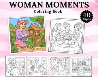 Puede incluir: Un libro para colorear de 40 páginas titulado Mature Woman Moments que presenta una colección de ilustraciones de arte lineal. La portada muestra una escena coloreada de una persona alimentando pájaros en un jardín junto a bocetos en blanco y negro de fiestas de té, escenas invernales y actividades de jardinería.