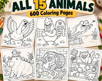 Puede incluir: Una colección de libros para colorear titulada The Chaotic Animal Coloring Series con 600 páginas de 15 animales. La portada muestra seis ilustraciones en blanco y negro que incluyen un ganso, un pollo, una rana, un capibara, un mapache y un gato.