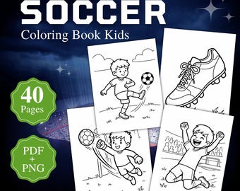 Puede incluir: Una colección digital de 40 páginas para colorear de fútbol imprimibles en formatos PDF y PNG. El conjunto presenta ilustraciones en blanco y negro de niños jugando al fútbol, un balón y una bota, con el texto SOCCER Coloring Book Kids.