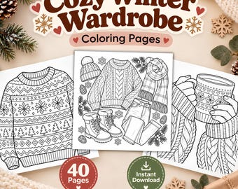 Puede incluir: Un conjunto de 40 páginas para colorear tituladas Cozy Winter Wardrobe con ilustraciones de líneas de suéteres, bufandas, botas, jeans y tazas. Las páginas muestran patrones de invierno, copos de nieve y piñas.