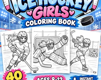 Peut inclure: Un livre de coloriage Ice Hockey Girls de 40 pages pour les 8-12 ans. La couverture présente trois illustrations en noir et blanc de joueuses de hockey sur une patinoire, avec du texte bleu et rose et des graphismes de crosses.