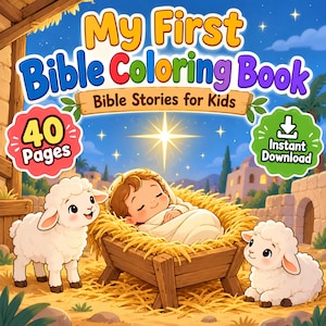 Può includere: Una copertina di un libro da colorare intitolato My First Bible Coloring Book Bible Stories for Kids con un bambino in una mangiatoia di legno piena di fieno, due agnelli bianchi, una stella luminosa e 40 pagine con download immediato.
