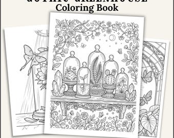 Libro para colorear de invernadero gótico, jardín botánico oscuro de luna, arte cottagecore de bruja