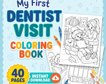Puede incluir: Un libro para colorear digital titulado My First Dentist Visit con 40 páginas. La portada presenta un fondo azul claro con iconos de dientes y una ilustración en blanco y negro de un niño en un sillón dental con un dentista.