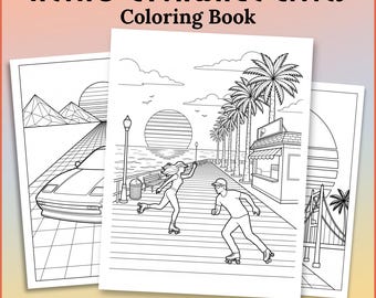 Puede incluir: Un libro de colorear digital titulado RETRO CYTHWAVE CITIES con 40 páginas en formato PDF. La portada muestra dibujos de líneas en blanco y negro de una escena de paseo marítimo con personas en patines, palmeras, un sol y una tienda.