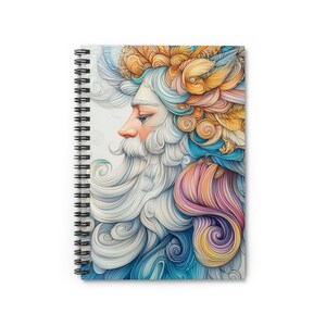 May include: Spiral-bound notebook featuring a detailed illustration of a bearded figure in profile. The artwork showcases a vibrant color palette with hues of blue, orange, pink, and yellow. The figure's hair and beard are depicted with flowing lines and intricate details.