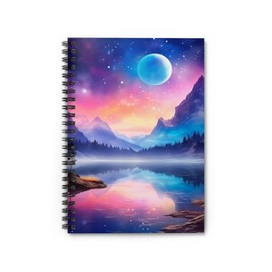 Dziennik Full Moon Mountain Lake, Dziennik krajobrazowy, Scena natury o zachodzie słońca - Notatnik spiralny - Linie linijkowe dla inspiracji