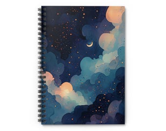 Riflesso di me, luna e nuvole nel diario del cielo notturno, diario celeste della natura blu, quaderno a spirale sognante - a righe