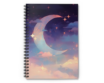 Diario dei sogni cosmici, diario di luna, stelle e nuvole, notte celeste sognante viola spirituale, natura - quaderno a spirale - riga a righe