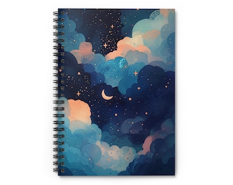 Salutando la luna, diario con nuvole colorate, diario celeste sognante, quaderno a spirale con luna e stelle - a righe