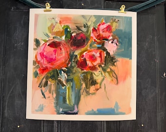 May include: An abstract floral painting featuring a bouquet of pink and red roses in a blue vase. The artwork has a loose, painterly style with visible brushstrokes and a soft color palette of pink, peach, and green.