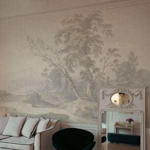 Vintage landscape peel and stick wallpaper, beige forest panoramic mural removable, eco washable custom sizing