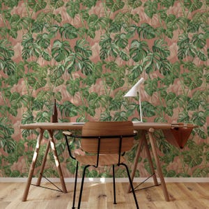 Boho Peel and Stick Monstera Mural, Green Pink Leaves (Removable)